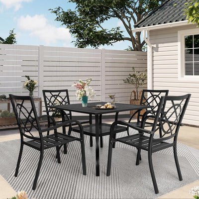 Crownland 5 Piece Outdoor Dining Set, Patio Metal Dining Sets, 4 Stackable Metal Chairs and Square Outdoor Dining Table with 1.57" Umbrella Hole, for Backyard, Lawn, Garden (Classic Black)