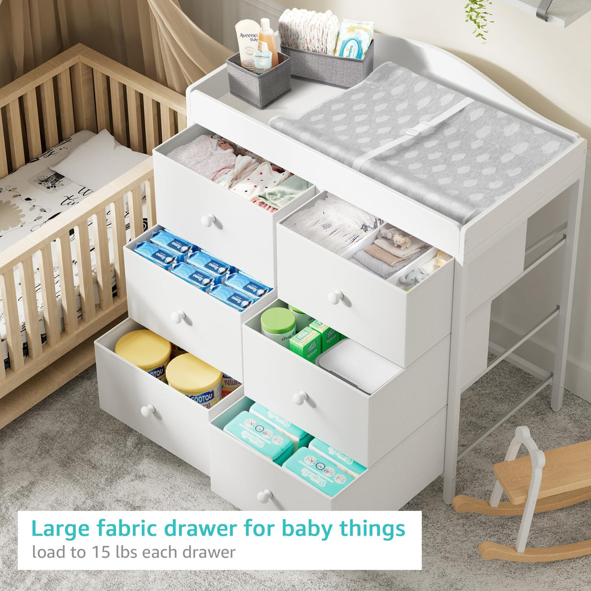 BOLUO Changing Table Dresser with 6 Fabric Drawers, Baby Dresser with Changing Table Top Diaper Changing Station with Storage for Nursery Modern BOLUO