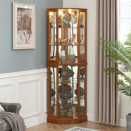Tomkate Lighted Corner Display Curio Cabinet, Corner Curio Cabinet with Lights, 6 Shelf Corner Curio Display Cabinet with Lights, Mirrors and Adjustable Shelves for Living Room, Office, Bedroom (Oak) Tomkate