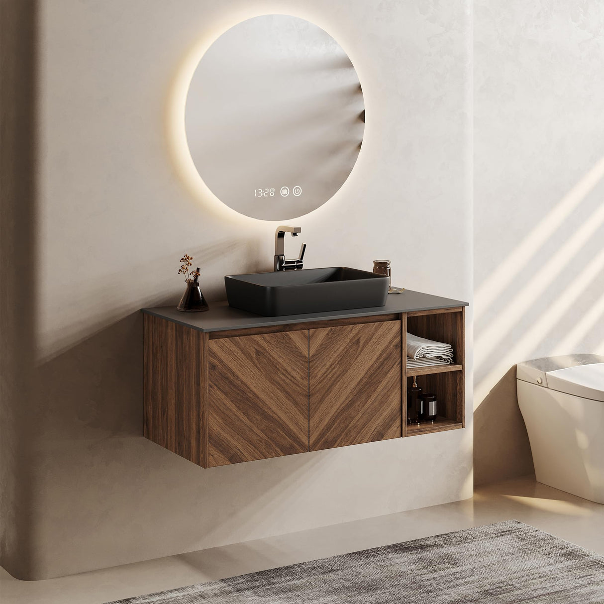FHKJ 36 Inch Floating Bathroom Vanity with Sink Combo, Modern Wall Mounted Vanity Bathroom Storage Cabinet with Sintered Stone Top Ceramic Basin, Open Shelf FHKJ