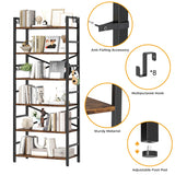 6 Tier Bookshelf, Industrial Bookcase with 8 Hooks, Vintage Storage Rack with Open Shelves, Rustic Standing Bookshelves Metal Frame Display Rack for Living Room, Bedroom, Rustic Brown Homeiju