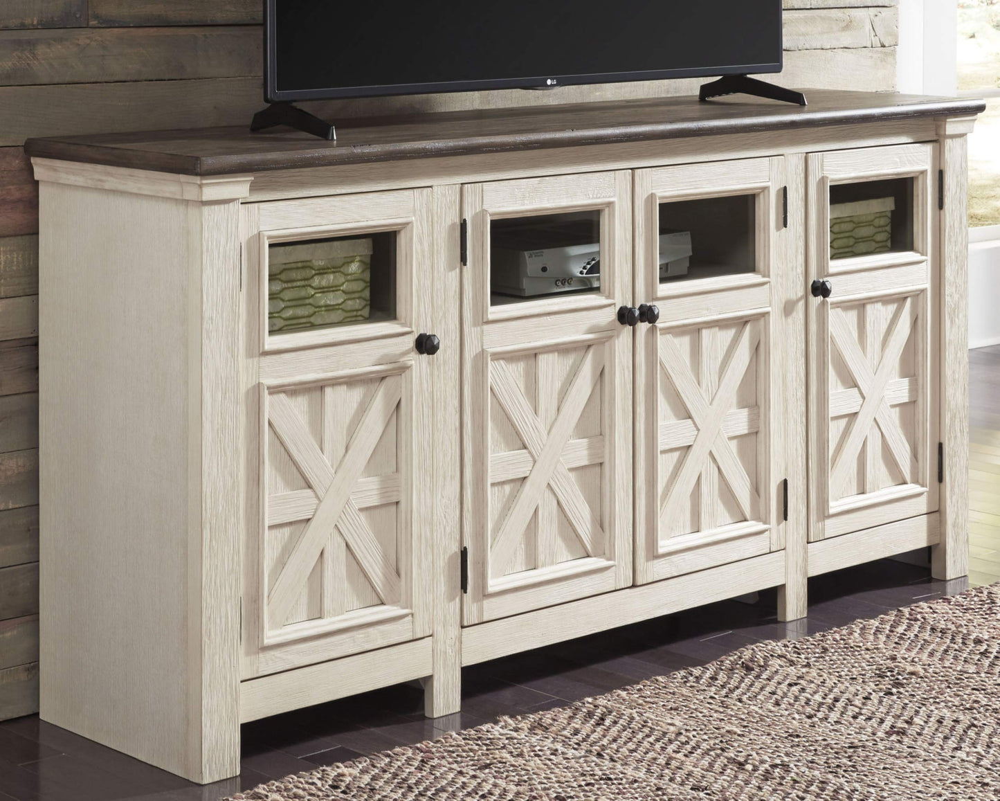 Signature Design by Ashley Bolanburg Two Tone Farmhouse TV Stand, Fits TVs up to 72", 3 Cabinets and Adjustable Storage Shelves, Whitewash - WoodArtSupply