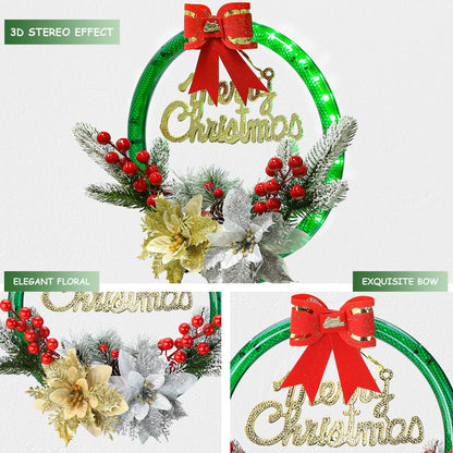 BLOOMWIN Christmas Wreath with LED Lights, 11'' Light Up Christmas Wreath Decorations Indoor, Flowers Picks, Green Prelit Small Reef Garland for Front Door, Windows, Battery Operated/Charging Port