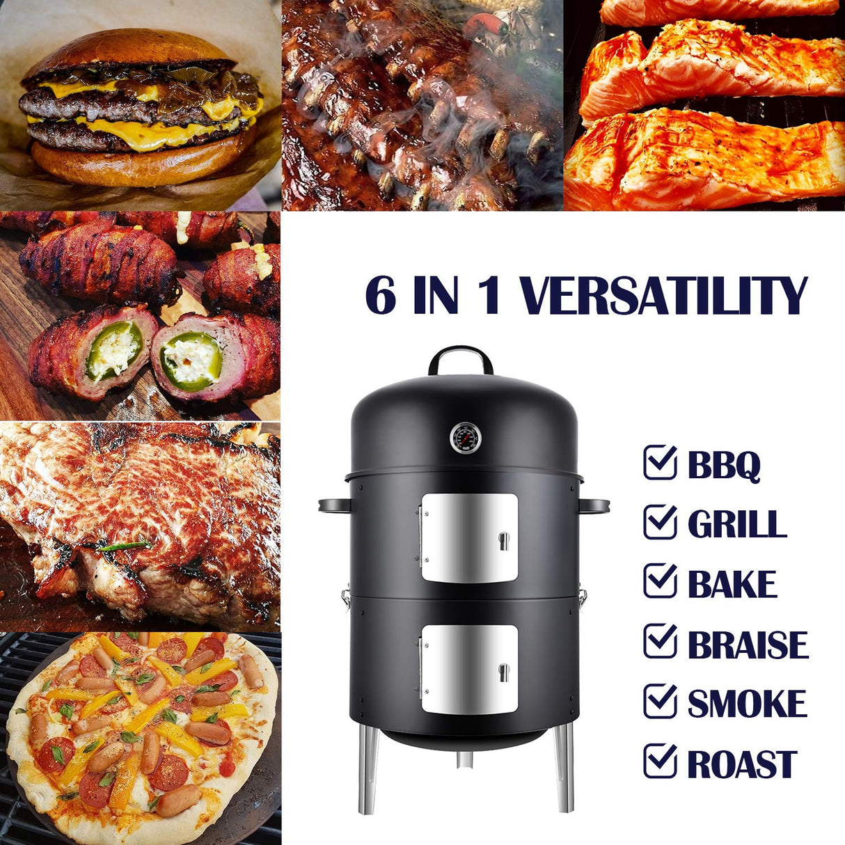 Realcook Vertical 17 Inch Steel Charcoal Smoker, Heavy Duty Round BBQ Grill for Outdoor Cooking, Black Realcook