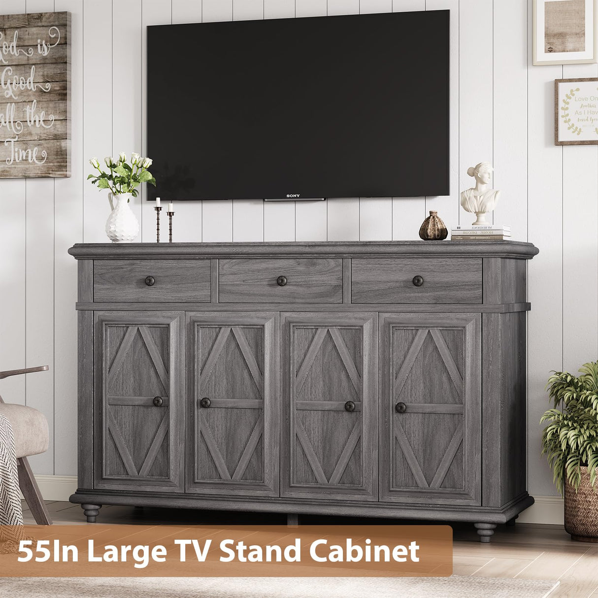 Farmhouse Buffet Cabinet with Storage, Sideboard Cabinet, Buffet Cabinet, Sideboard Buffet Cabinet with Storage, Large Wood Accent Storage Cabinet with Doors and Shelves for Entryway Living Room Jocoevol