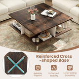 Giantex Square Coffee Table, Mid Century Modern Center Table with 4 Storage Compartments & Cross-Shape Base, 24 Inch Farmhouse Coffee Tables for Living Room (Brown) Giantex