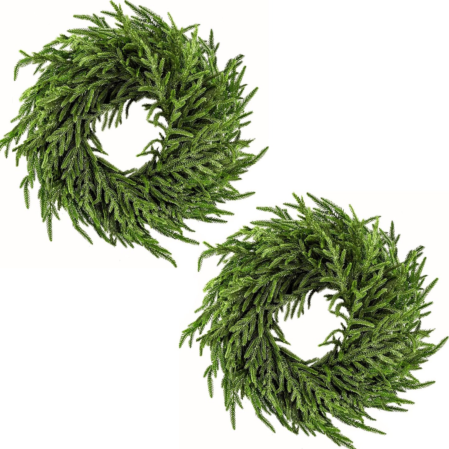 ENVEN 2 Pack 24" Norfolk Pine Wreath for Front Door, Artificial Christmas Wreath Faux Pine Green Wreath for Wall Windows Mantle Outdoor Outside Christmas Decoration