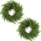 ENVEN 2 Pack 24" Norfolk Pine Wreath for Front Door, Artificial Christmas Wreath Faux Pine Green Wreath for Wall Windows Mantle Outdoor Outside Christmas Decoration ENVEN