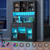 72" Tall Wine Bar Cabinet with Storage Hutch & Pegboard, Coffee Bar Cabinet with LED Lights, Modern Liquor Cabinets with 9-grid Wine & Glass Racks, Pantry Cabinet for Kitchen, Living Room (Black) Auromie