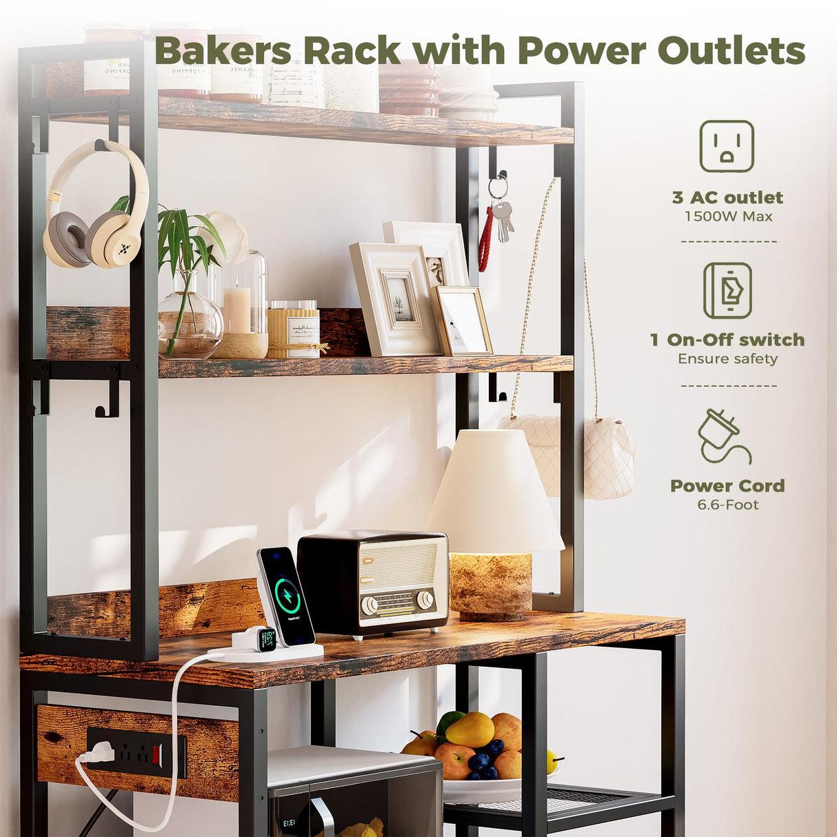 IRONCK Bakers Rack with Cabinet & Power Outlets, Microwave Stand with Storage Shelves, Tall Kitchen Bakers Rack with Hutch, Coffee Bar, 8 Hooks, Rustic Brown IRONCK