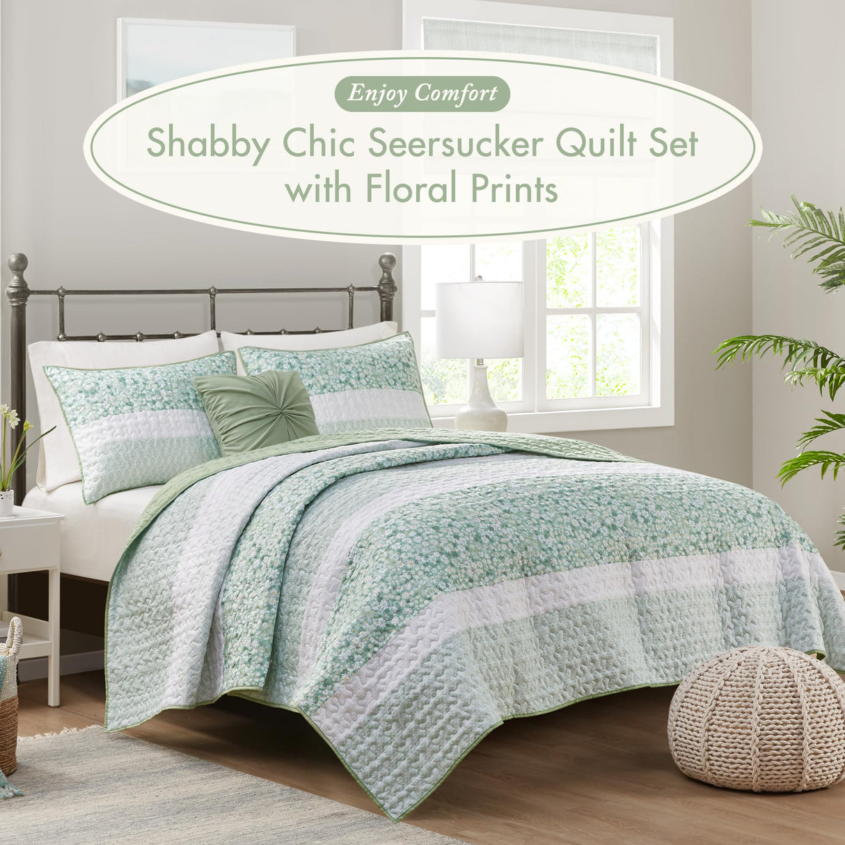 Madison Park Quilt Set, Seersucker Floral Coverlet for King Size Bed, All Season Lightweight Bedding, Farmhouse Quilt Set, Vermicelli Quilting, Throw Pillow, Caralie, King/Cal King Green 4 Piece Madison Park