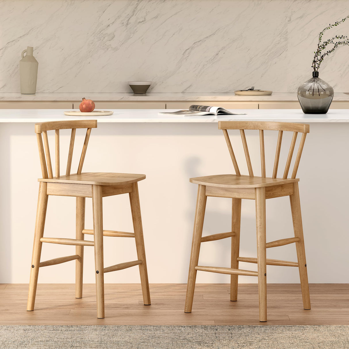 HoeuThien Barstools Set of 4, 24" Wood Element Bar Stools, Armless Farmhouse Wooden Bar Dining Chairs with Back & Footrest for Kitchen Island Cafe Pub Light Brown HoeuThien