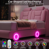 Queen Upholstered Led Bed Frame with Wheels Decor & Adjustable Curved Headboard Modern Car-Shaped Platform Bed with Detachable Pillows Solid Wooden Slats Support No Box Spring Needed, Velvet Pink Keyluv
