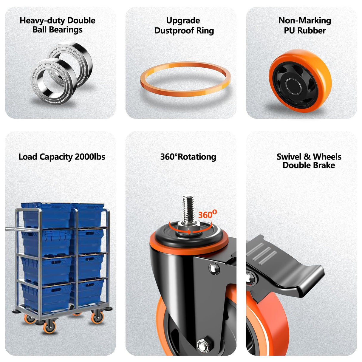 4 inch Stem Caster Wheels 2000lbs, Threaded Stem Casters Set of 4 Heavy Duty,3/8"-16 x 1"(Stem Diameter 3/8", Stem Length 1"), Safety Dual Locking Caster, Industrial Castor Wheels for Cart,Furniture TAYLOON