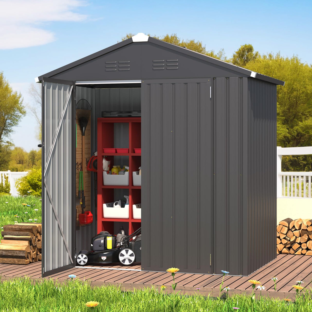 AECOJOY Shed 6' x 4' Storage Shed, Dark Grey Metal Sheds & Outdoor Storage Clearance, Utility and Tool Garden Shed with Lockable Doors for Backyard, Patio, Outside Use AECOJOY