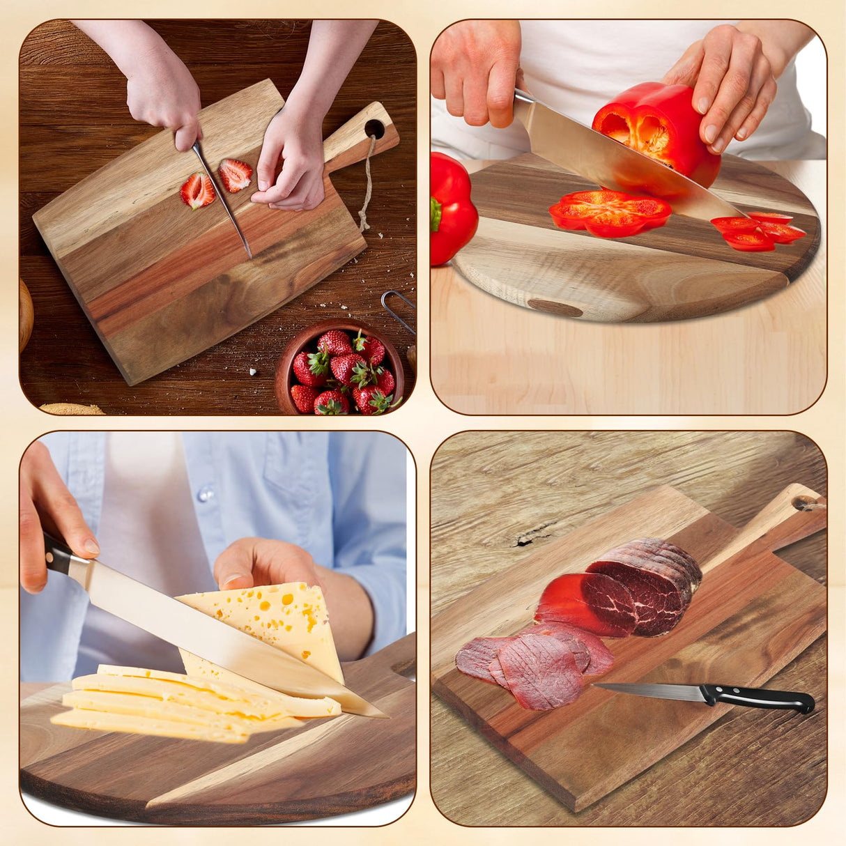 Hsei 2 Pcs Acacia Wood Cutting Board with Handle Wooden Charcuterie Board Large Paddle Carving Chopping Board Set Butter Board Serving Tray for Cheese Meat Fruit Pizza Bread Baking (16x12, 17x10inch) Hsei