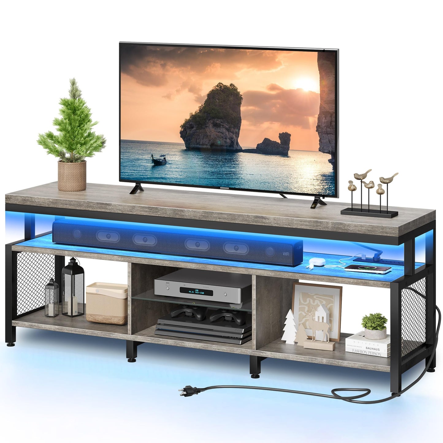 YITAHOME LED Television Stands w/Power Outlets for 70/65 inch, Modern Industrial TV Stand, Entertainment Center w/Open Storage TV Table, Entertainment Center for 360lbs for Living Room, Gray - WoodArtSupply