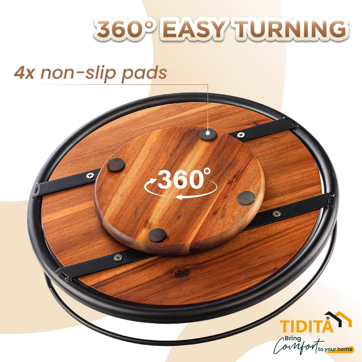 TIDITA 13" Acacia Wood Lazy Susan Turntable with Metal Frame for Table Top - Wooden Serving Tray Rotating for Kitchen Counter - Centerpiece Organizer Storage Food Bin Container for Pantry, Fridge Tidita