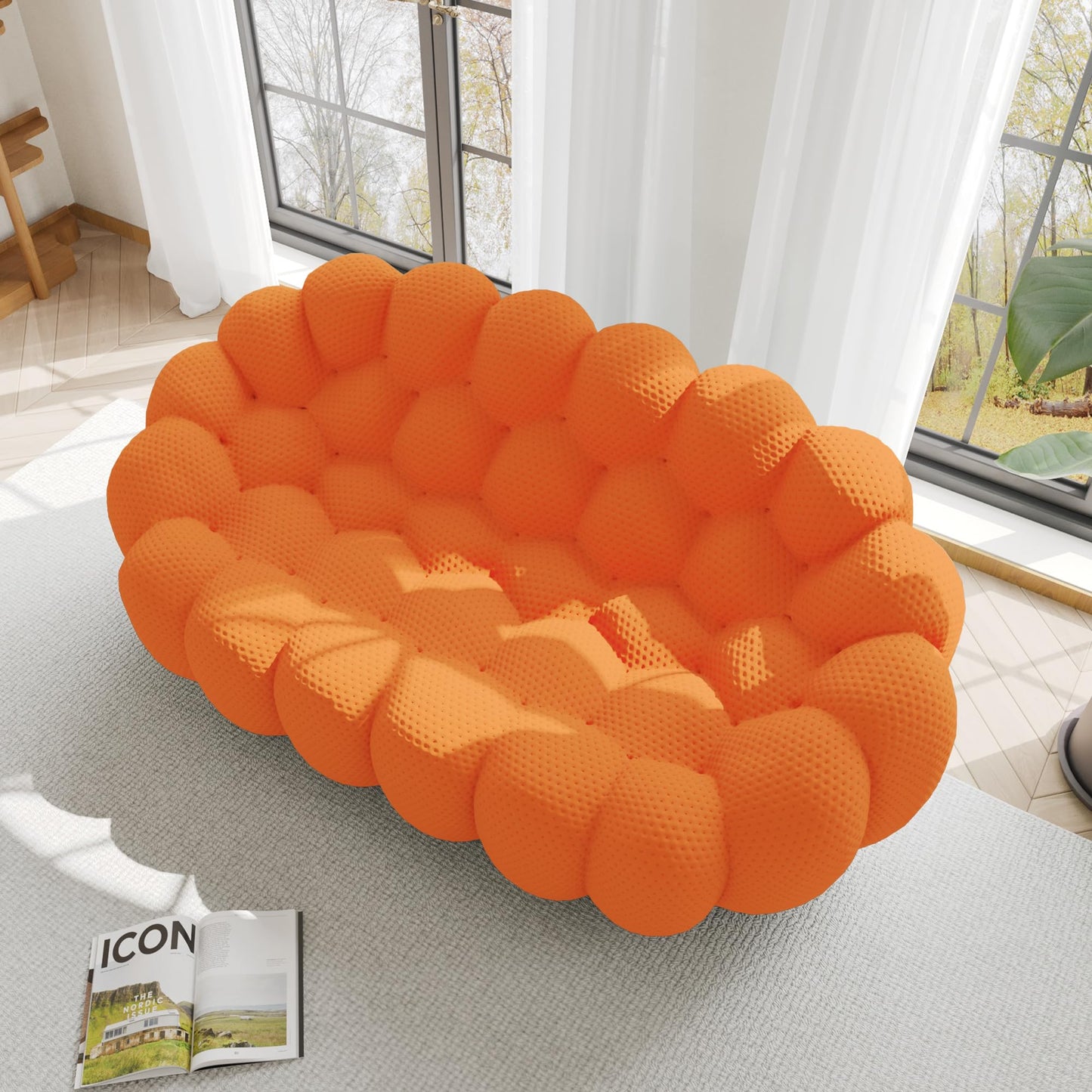 WJShome Bubble Loveseat Sofa,78.74'' Modern Upholstered Sofa, 2 Seater Mesh Fabric Love Seat Floor Sofa, 3D Honeycomb Shape Curved Couch for Living Room, Office, Apartment (Orange)