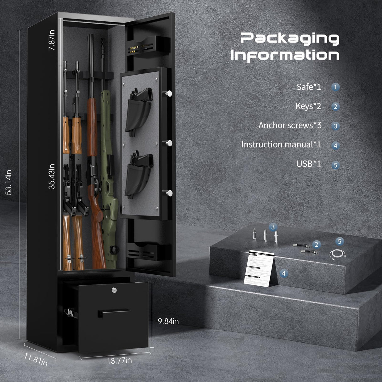 Gun Safes, Drawer Gun Safe, Gun Cabinets for Rifles and Shotguns, Rifle Safes for Home, Quick Access Rifle Safe with Dual Alarm & Mute Mode, Shotgun Safe with 2 Movable Gun Racks, Pistol Pockets, LED Marcree