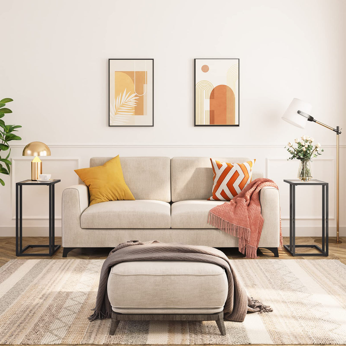 HOOBRO C Shaped End Table Set of 2, Tempered Glass Snack Side Table with Metal Frame, TV Tray Table for Small Space, Sofa Couch and Bed, Modern Style, Black BK03SFP201 HOOBRO