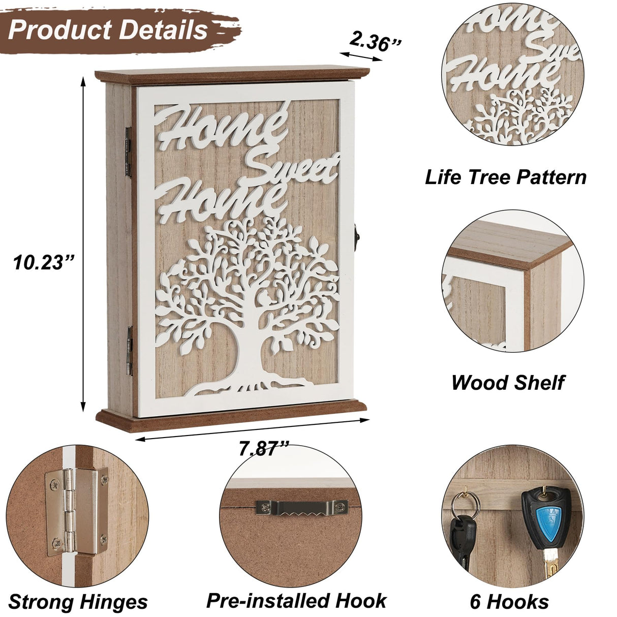 QILICHZ Key Holder Wall Mount,Decorative Key Holder for Wall, Wood Key Box,Wooden Wall Key Holder,Wood Key Rack,Farmhouse Key Rack Wall Mount,6 Hooks for Entryway Doorway Hallway,White QILICHZ