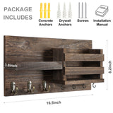 Lwenki Mail Organizer for Wall Mount – Key Holder with Shelf Includes Letter Holder and Hooks for Coats, Dog Leashes – Rustic Wood with Flush Mounting Hardware (16.5” x 8.7” x 3.5”) Lwenki