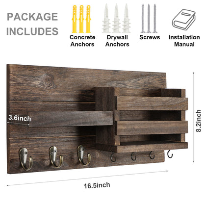 Lwenki Mail Organizer for Wall Mount – Key Holder with Shelf Includes Letter Holder and Hooks for Coats, Dog Leashes – Rustic Wood with Flush Mounting Hardware (16.5” x 8.7” x 3.5”)