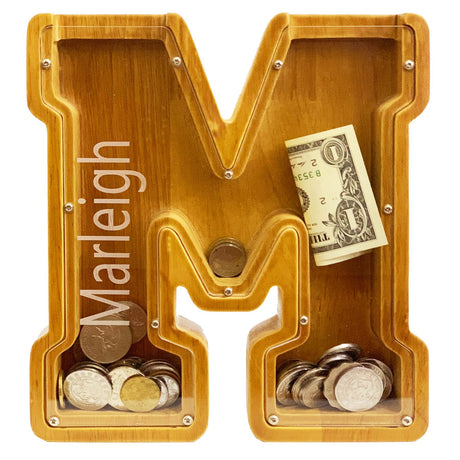 Personalized Wooden Letter Piggy Bank for Boys and Girls with Children's Letters, Customized Laser Engraved Names, Creative Letter Piggy Bank, Piggy Bank for Children's Birthday Gifts, Christmas (M) BINYLX