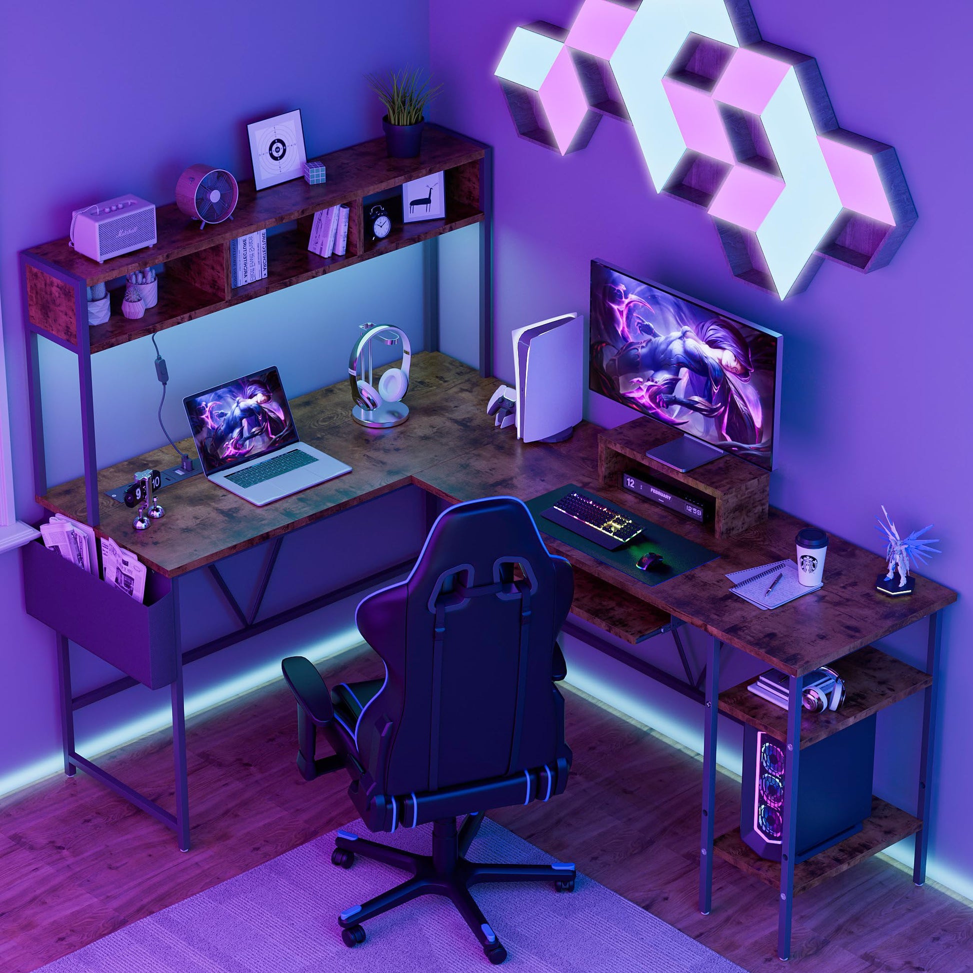 Homall L Shaped Gaming Desk with Power Outlets&LED Lights, Reversible Corner Computer Desk with Monitor Stand, Keyboard Tray, Shelves, Storage Bag, 67'' PC Table for Office Workstation (Rusti - WoodArtSupply