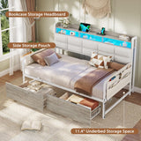 VIAGDO Daybed Twin Size with 2 Storage Drawers and Charging Station, Metal Day Bed Frame Twin with Shelf Headboard and LED Lights, Twin Corner Bed Frame for Living Room, Bedroom, Guest Room, White VIAGDO