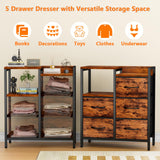 Furnulem 5 Drawer Rustic Brown Dressers for Bedroom 2 Tier Shelf Storage Small Fabric Dresser for Closet Sturdy Metal Frame Modern Style Storage Cabinets Organization Units for Hallway Rooms Furnulem