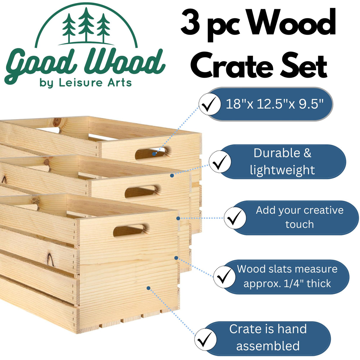 Good Wood by Leisure Arts Wooden Crate, Country, 3pc, Wood Crate Unfinished, Wood crates for Display, Wood crates for Storage, Wooden crates Unfinished, Pine, 18"x12.5"x9.5" Good Wood by Leisure Arts