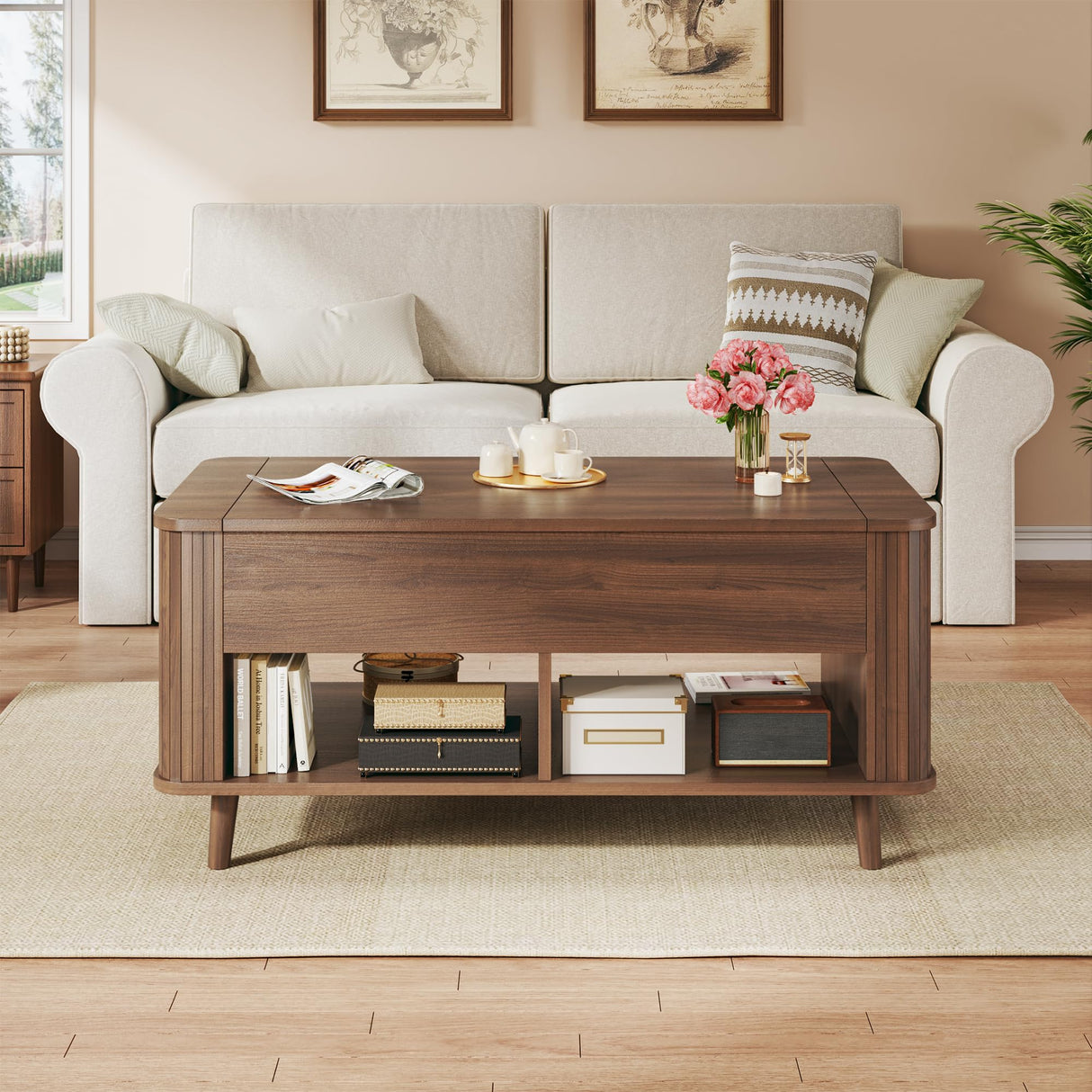 Lift Top Coffee Table with Storage, 41" Mid Century Modern Coffee Table with Fluted & Curved Profile Design, Hidden Storage Compartment, Lower Shelf Center Table for Living Room Office, Walnut HUAHUU