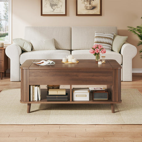 Lift Top Coffee Table with Storage, 41" Mid Century Modern Coffee Table with Fluted & Curved Profile Design, Hidden Storage Compartment, Lower Shelf Center Table for Living Room Office, Walnut HUAHUU