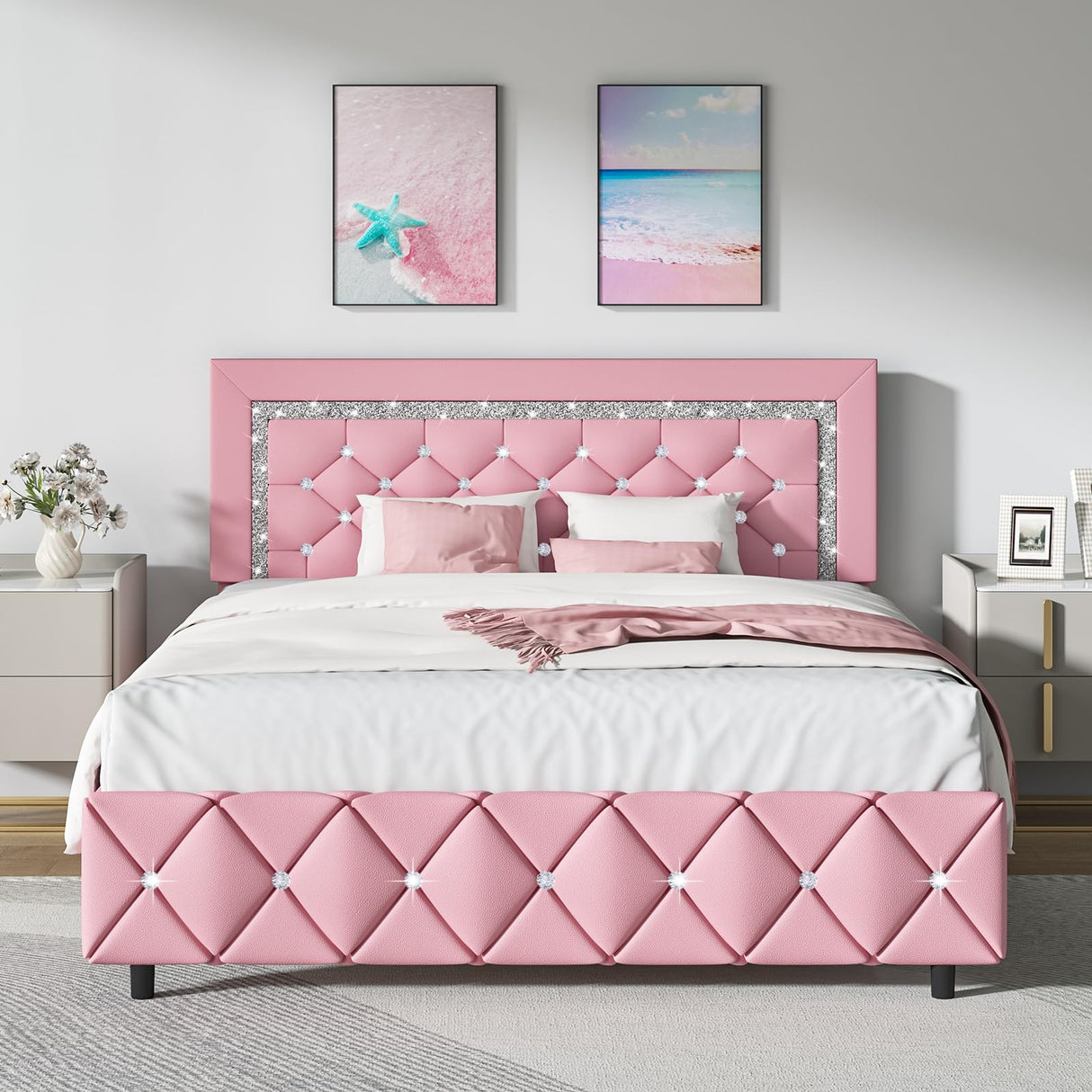 HOMBCK Queen Bed Frame, Upholstered Bed Frame Queen Size with Diamond Tufted Headboard, Faux Leather Headboard & Footboard, Wooden Slats Support, No Box Spring Needed, Easy Assembly, Pink HOMBCK