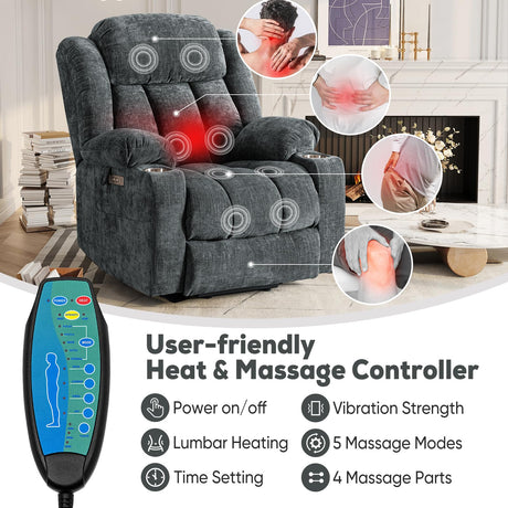 ABCASA Large Power Lift Chairs Recliners for Elderly with Heat ＆ Massage, Upgraded Chenille Recliners, USB-A ＆ C, Cup Holder, Side Pocket, Grey Blue ABCASA
