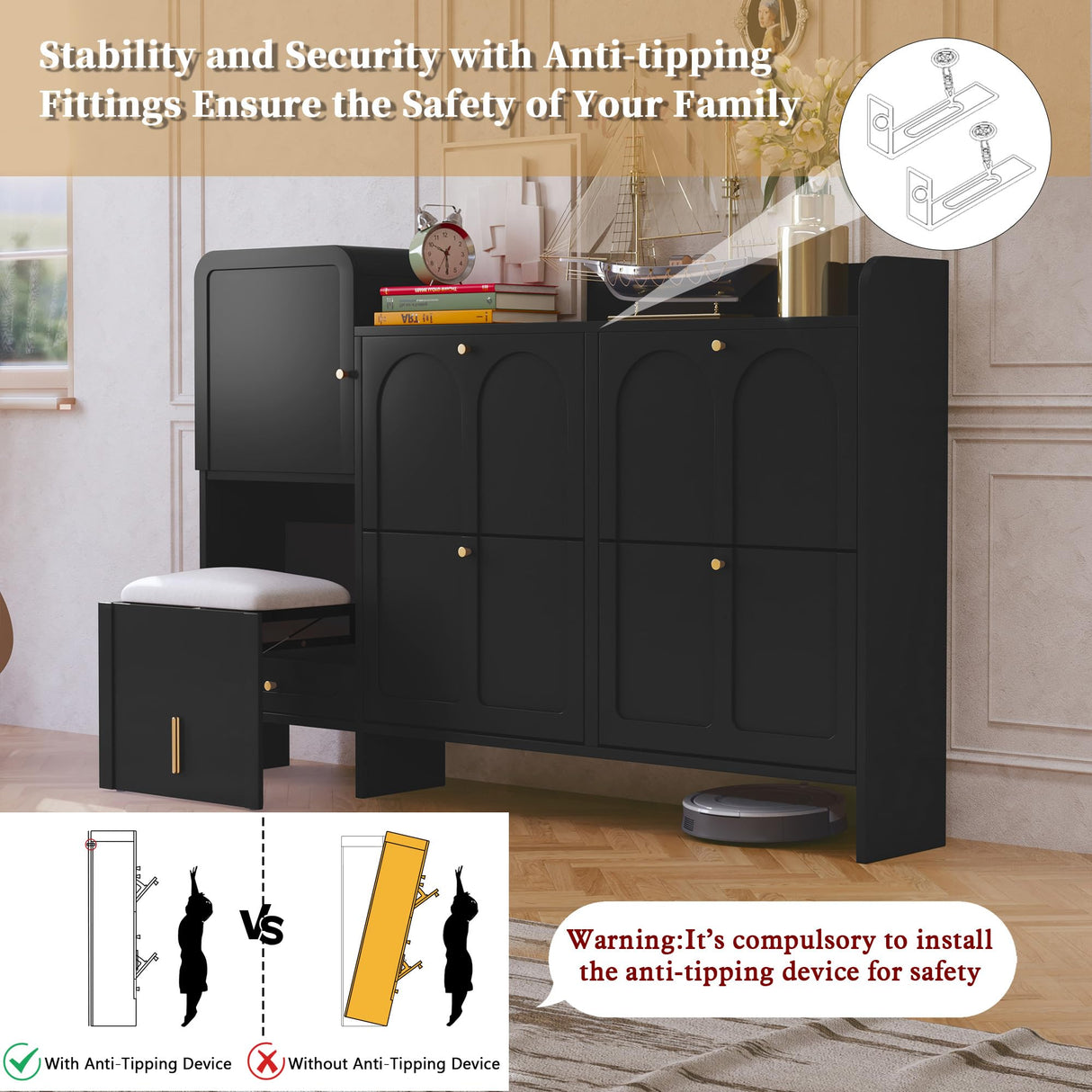 MOIANJI Modern Shoe Cabinet with 4 Flip Drawers, Large Shoe Storage Cabinet with Hidden Stool & Adjustable Shelves, Wood Shoe Rack Organizer for Entryway Foyer Hallway Living Room, Black MOIANJI