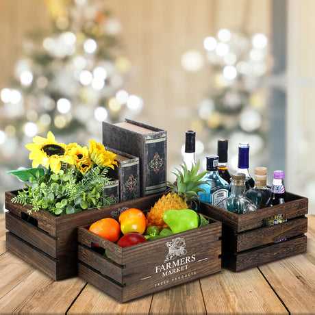 Barydat Set of 5 Wood Crates for Vintage Decorative Display Wooden Boxes Farmhouse Style Nesting Wooden Crates with Open Handles Storage Decorative Boxes Multipurpose Fruits Vegetables Boxes (Elegant) Barydat