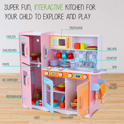 Lil' Jumbl Kids Kitchen Set, Pretend Wooden Play Kitchen with Chalk Board, Play Phone, Towel Rack & Ice Dispenser, Clicking Knobs, Pots & Utensils Included - Colorful