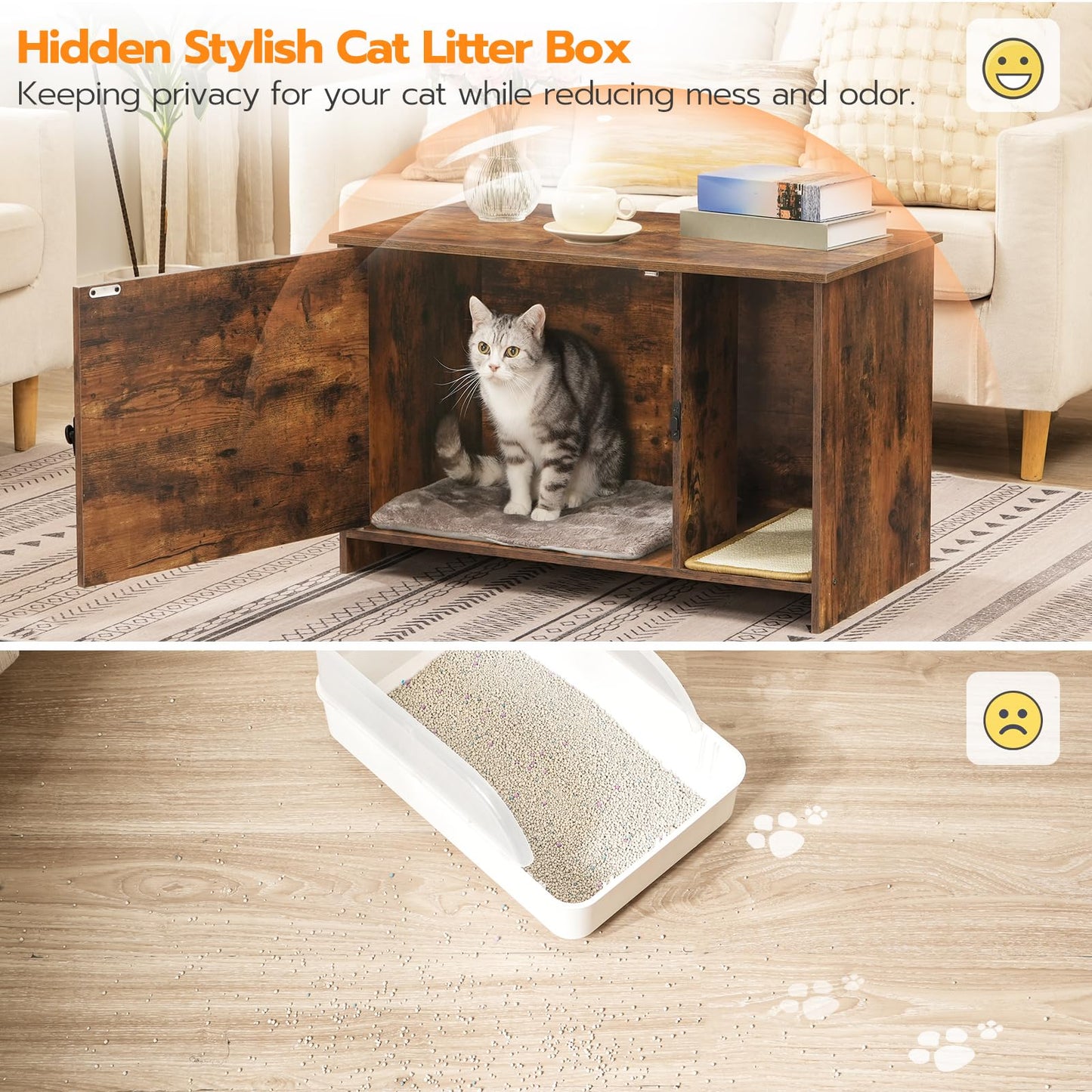 HOOBRO Cat Litter Box Enclosure with Rattan Door, Hidden Litter Box Furniture, Litter Box Enclosure with Adhesive Cat Scratching Mat, Coffee Table, 31.4" L x 17.7" W x 18.1" H, Rustic Brown FY18MW01