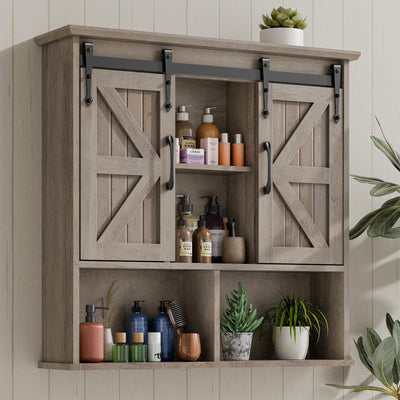 Vabches Bathroom Wall Cabinet, Farmhouse Wooden Medicine Cabinet with Double Sliding Barn Door and Adjustable Shelves, Farmhouse Storage Cabinet Wall Mounted for Bathroom, Kitchen Dining, Washed Oak