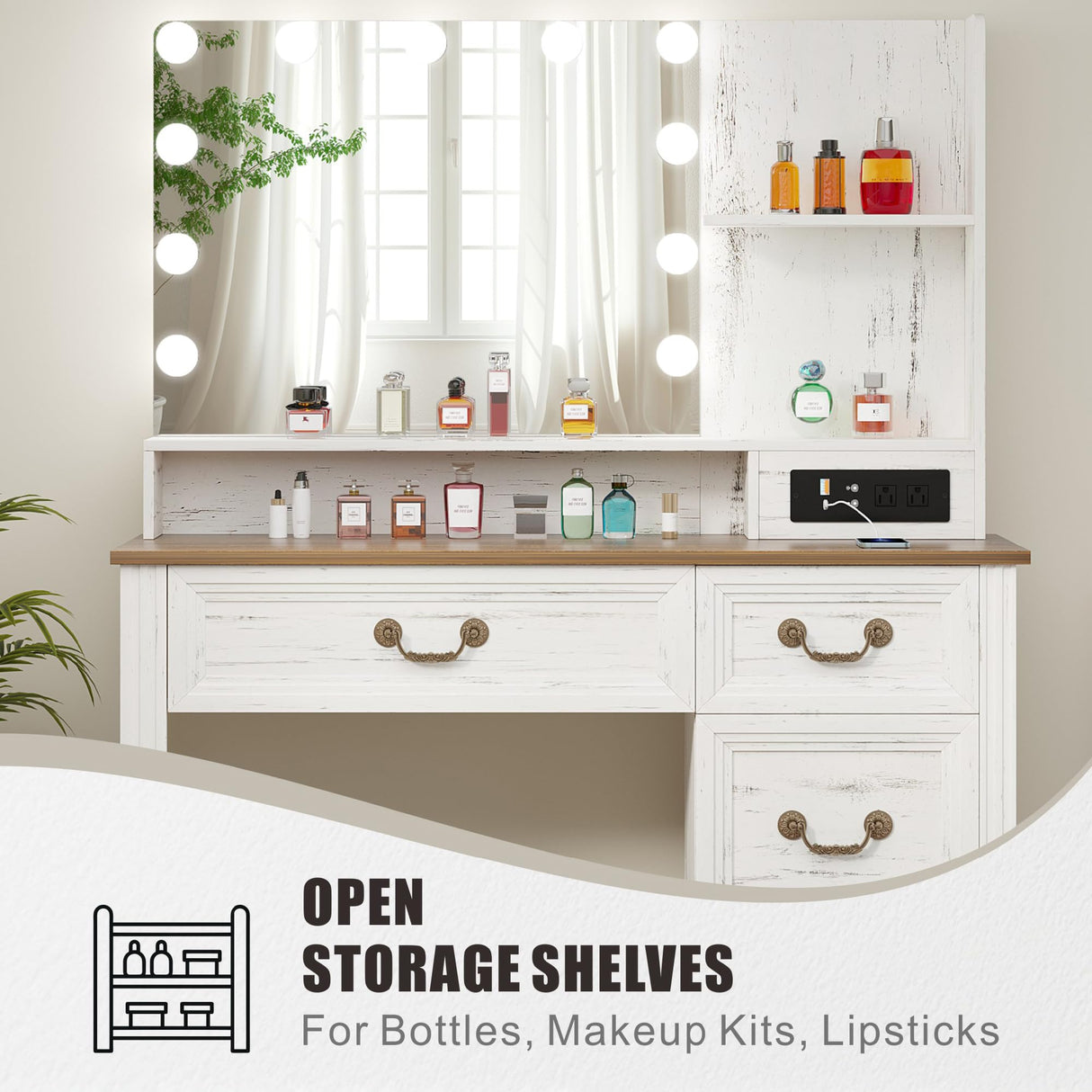 Lareth Farmhouse Vanity Desk with Lighted Mirror & Power Outlet, 39 inch Rustic Makeup Vanity Table with Drawers and Stool, Hollywood Mirror with 3-Color Lights, White Dressing Table for Women Girls Lareth