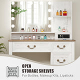 Lareth Farmhouse Vanity Desk with Lighted Mirror & Power Outlet, 39 inch Rustic Makeup Vanity Table with Drawers and Stool, Hollywood Mirror with 3-Color Lights, White Dressing Table for Women Girls Lareth