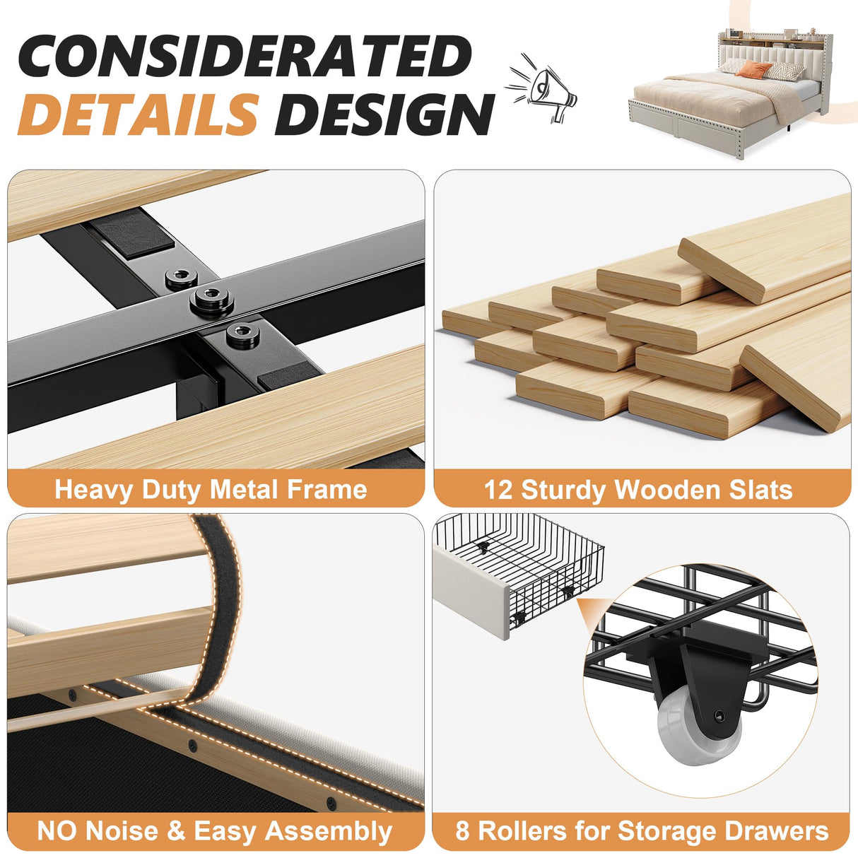 EnHomee Queen Bed Frame with Headboard and Storage, Upholstered Queen Bed Frame with Storage, Queen Size Bed Frame with 2 Drawers, Queen Size Bed Frame with Storage, NO Noise,No Box Spring Needed EnHomee