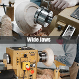 4.5" Woodlathe Chuck, Thread 1-1/4"x8TPI", Dovetail Jaws, Pin Jaws, 8" Flat Jaws, Step Jaws, Wide Jaws, Wood Screw, Thread adaptor to 1"x8TPI, Two Nylon Washers, Two Chuck Keys and T Handle Allen Key. BMWOOD