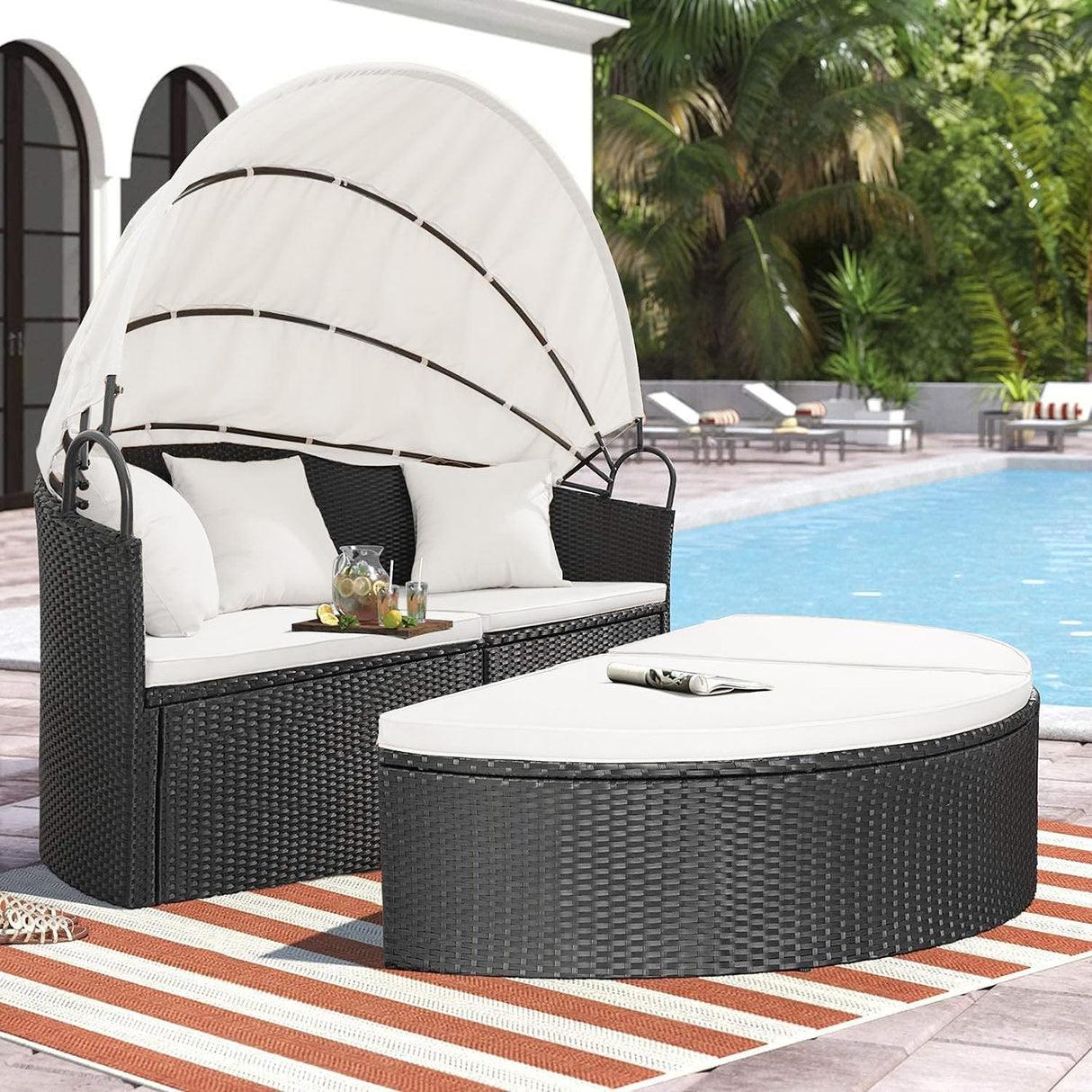 Homall Patio Outdoor Daybed with Retractable Canopy, Rattan Wicker Sectional Seating with Washable Cushions for Patio Backyard Porch Round Daybed Separated Seating (Beige) Homall