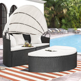 Homall Patio Outdoor Daybed with Retractable Canopy, Rattan Wicker Sectional Seating with Washable Cushions for Patio Backyard Porch Round Daybed Separated Seating (Beige) Homall
