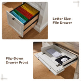 OKD 60" Executive Desk with Drawers, Farmhouse Home Office Desk with Charging Station, Keyboard Tray, File Cabinet Storage, Wood Computer Desk for Work and Study, Antique White OKD