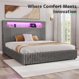 Jocisland King Size Storage Bed Frame with 51.2" Tall Upholstered Headboard, Built-in 6 Drawers & Bookcase, USB Ports & RGB LED Lights, No Box Spring Needed,Grey Jocisland